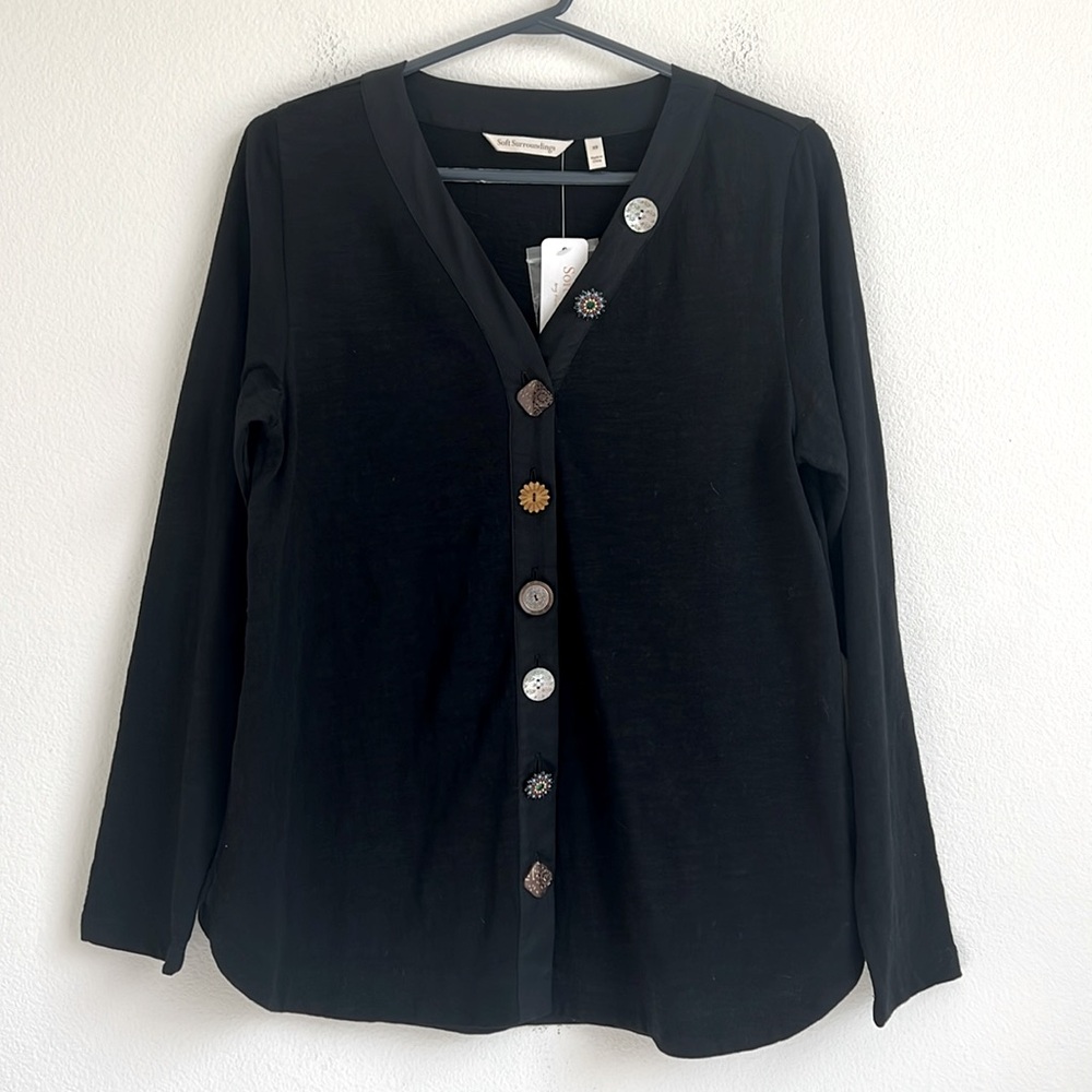 NEW Soft Surroundings Black Cotton Daniella Accent Button Top